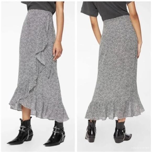 NWT Anine Bing Lucky Ruffled Printed Crepe Wrap Skirt Anthracite Small - Picture 1 of 14